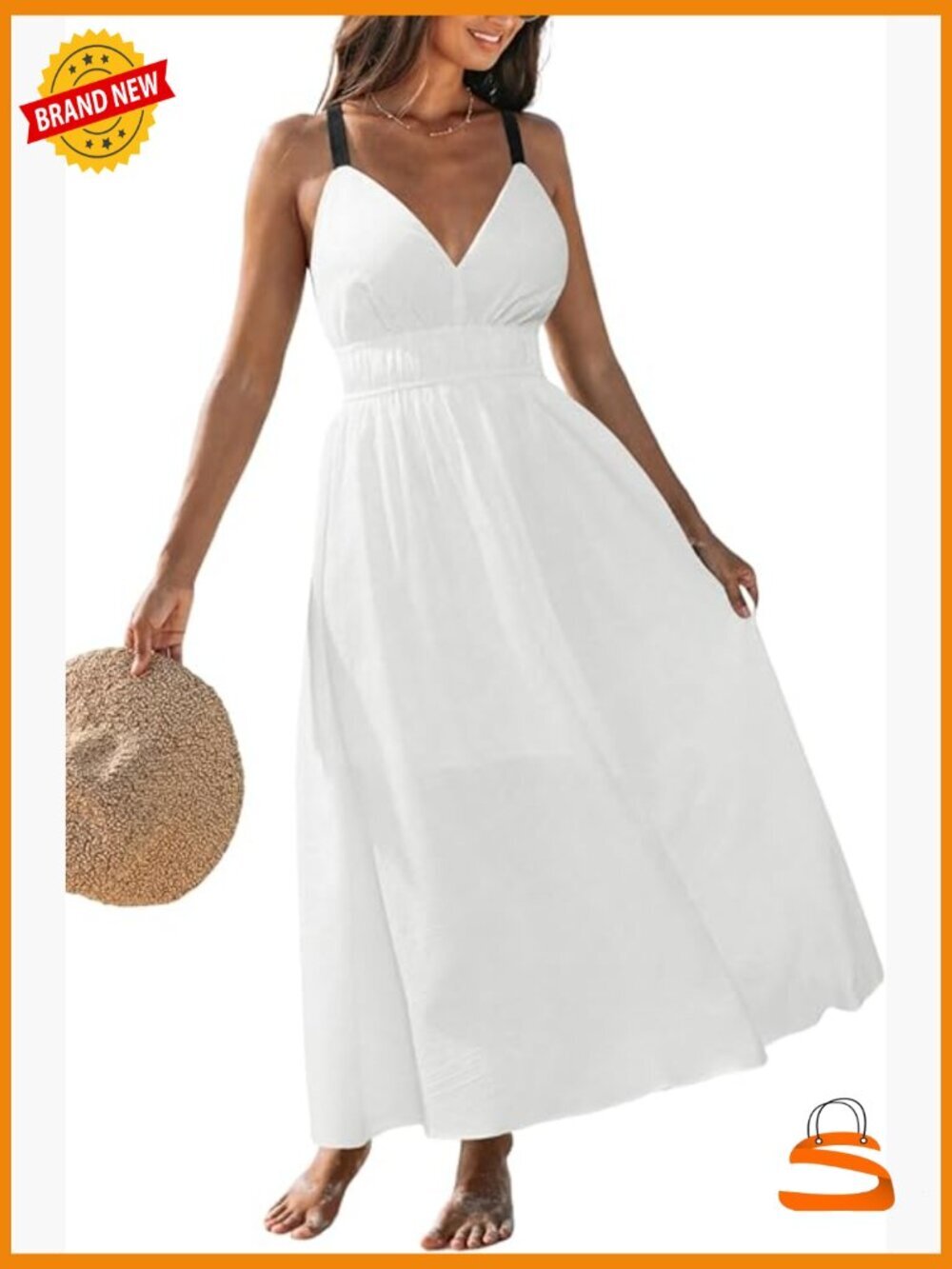 Maxi Dress Plunge V-Neck Backless Cami Strap Smocked Waist Sun Dress